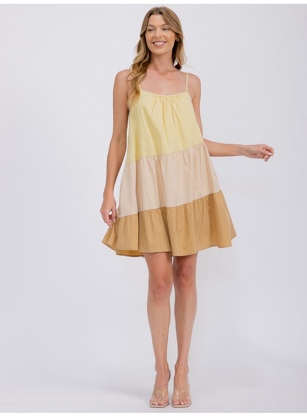 WOMEN'S SLEEVELESS TIERED FRONT POCKETS COLORBLOCK TUNIC MINI DRESS WOMEN'S SLEEVELESS TIERED FRONT POCKETS COLORBLOCK TUNIC MINI DRESS