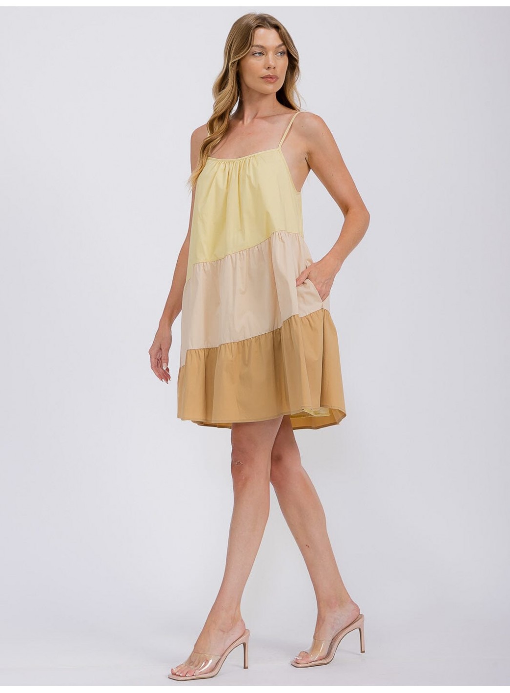 WOMEN'S SLEEVELESS TIERED FRONT POCKETS COLORBLOCK TUNIC MINI DRESS WOMEN'S SLEEVELESS TIERED FRONT POCKETS COLORBLOCK TUNIC MINI DRESS