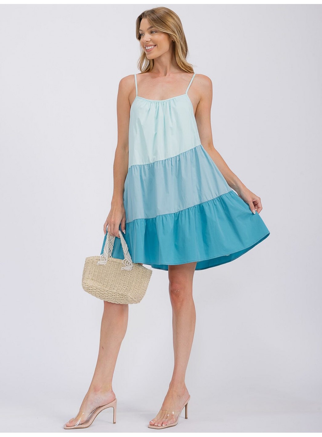 WOMEN'S SLEEVELESS TIERED FRONT POCKETS COLORBLOCK TUNIC MINI DRESS WOMEN'S SLEEVELESS TIERED FRONT POCKETS COLORBLOCK TUNIC MINI DRESS