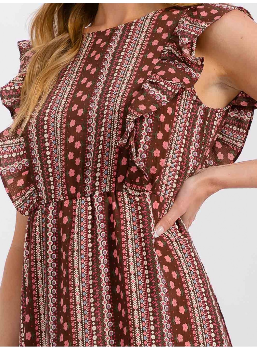 WOMEN'S RUFFLE SLEEVE ELASTIC WAIST PRINTED MIDI DRESS WOMEN'S RUFFLE SLEEVE ELASTIC WAIST PRINTED MIDI DRESS