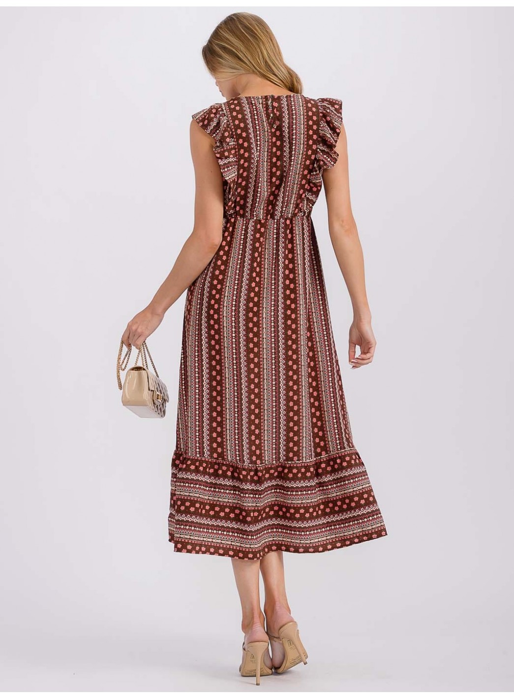 WOMEN'S RUFFLE SLEEVE ELASTIC WAIST PRINTED MIDI DRESS WOMEN'S RUFFLE SLEEVE ELASTIC WAIST PRINTED MIDI DRESS