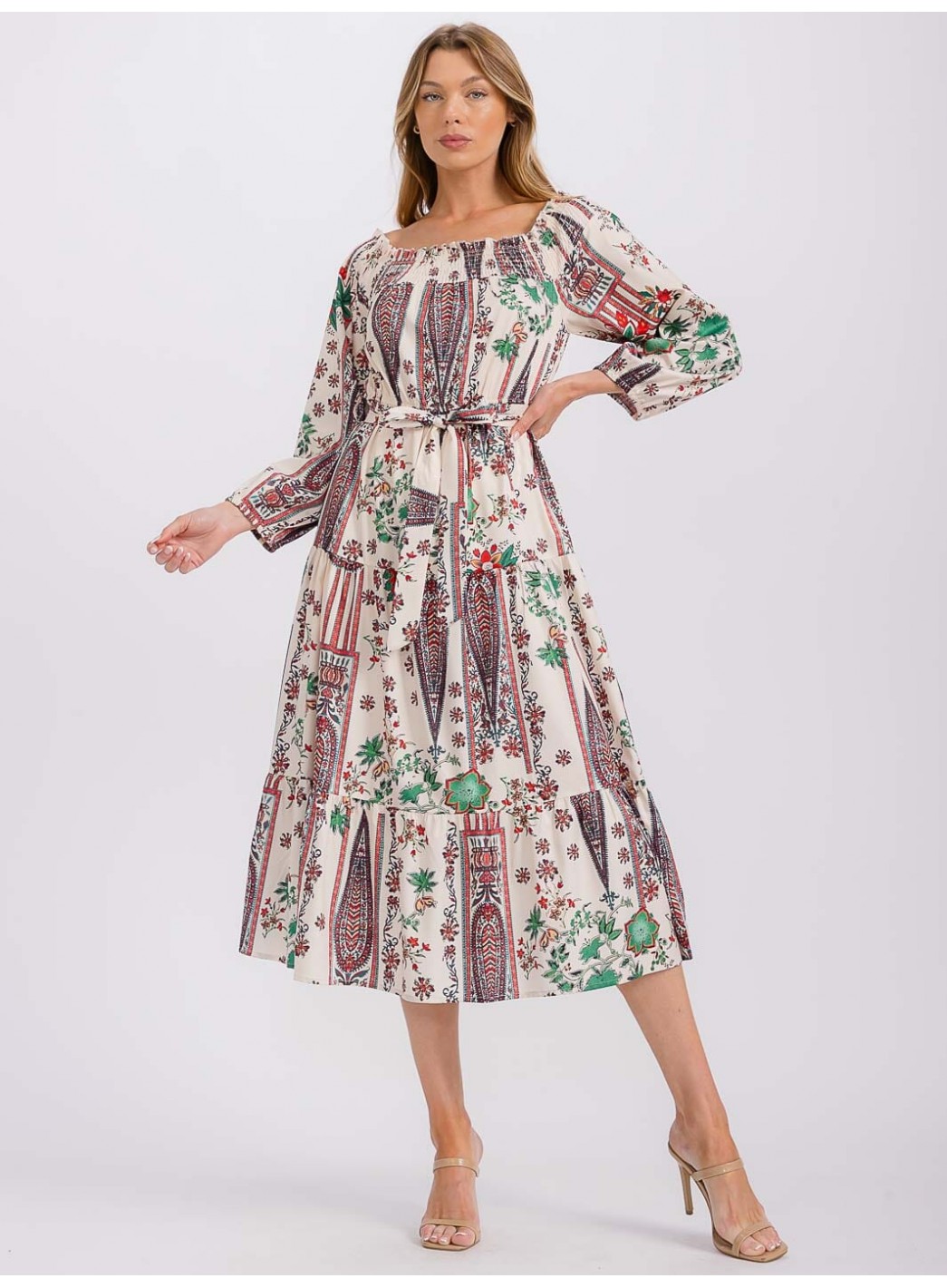 WOMEN'S LONG SLEEVE ELASTIC WAIST SELF TIE PRINTED MIDI DRESS WOMEN'S LONG SLEEVE ELASTIC WAIST SELF TIE PRINTED MIDI DRESS