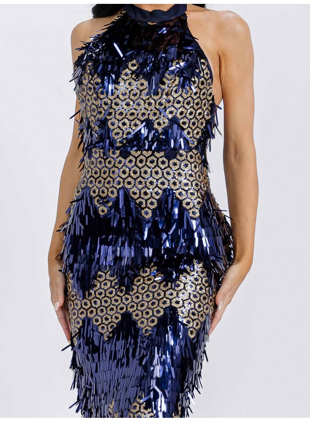 WOMEN'S SLEEVELESS HALTER NECK OPEN BACK BODYCON SEQUINS MIDI DRESS WOMEN'S SLEEVELESS HALTER NECK OPEN BACK BODYCON SEQUINS MIDI DRESS