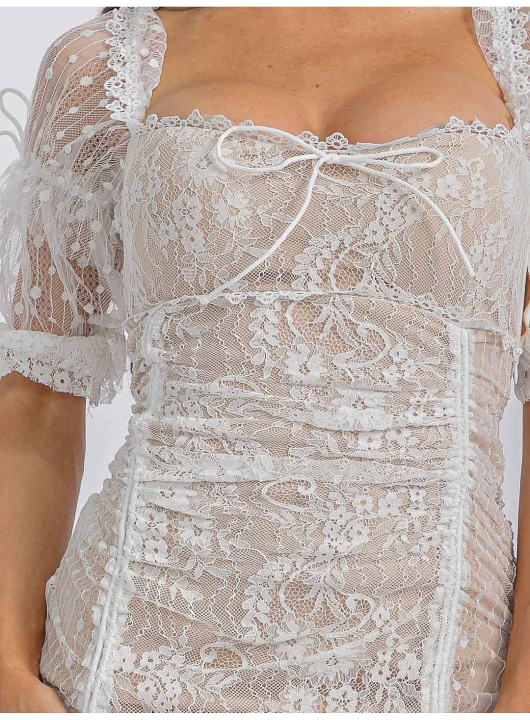 WOMEN'S SHORT SLEEVE RUCHED LACE BODYCON MINI DRESS WOMEN'S SHORT SLEEVE RUCHED LACE BODYCON MINI DRESS