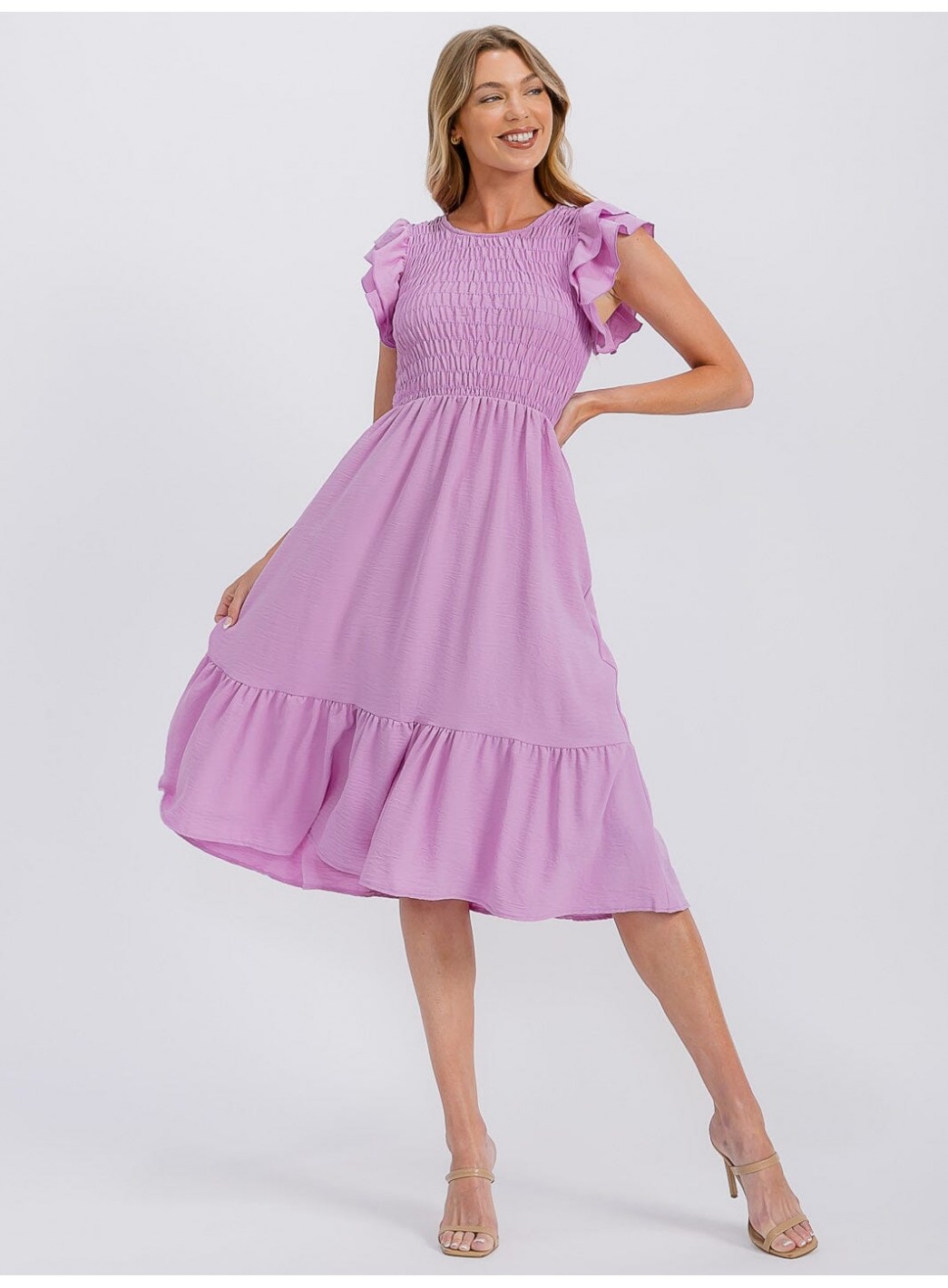 WOMEN'S RUFFLE SLEEVE FRONT POCKETS SMOCK RUFFLE BOTTOM HEM MIDI DRESS