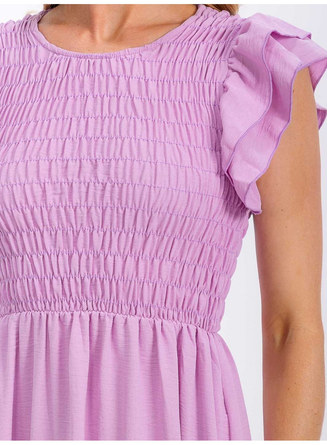 WOMEN'S RUFFLE SLEEVE FRONT POCKETS SMOCK RUFFLE BOTTOM HEM MIDI DRESS