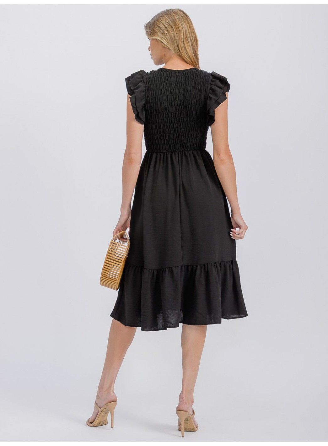 WOMEN'S RUFFLE SLEEVE FRONT POCKETS SMOCK RUFFLE BOTTOM HEM MIDI DRESS