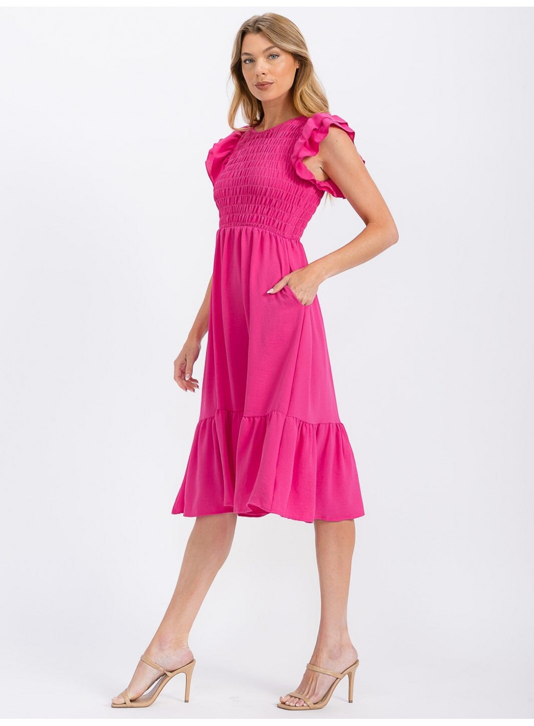 WOMEN'S RUFFLE SLEEVE FRONT POCKETS SMOCK RUFFLE BOTTOM HEM MIDI DRESS