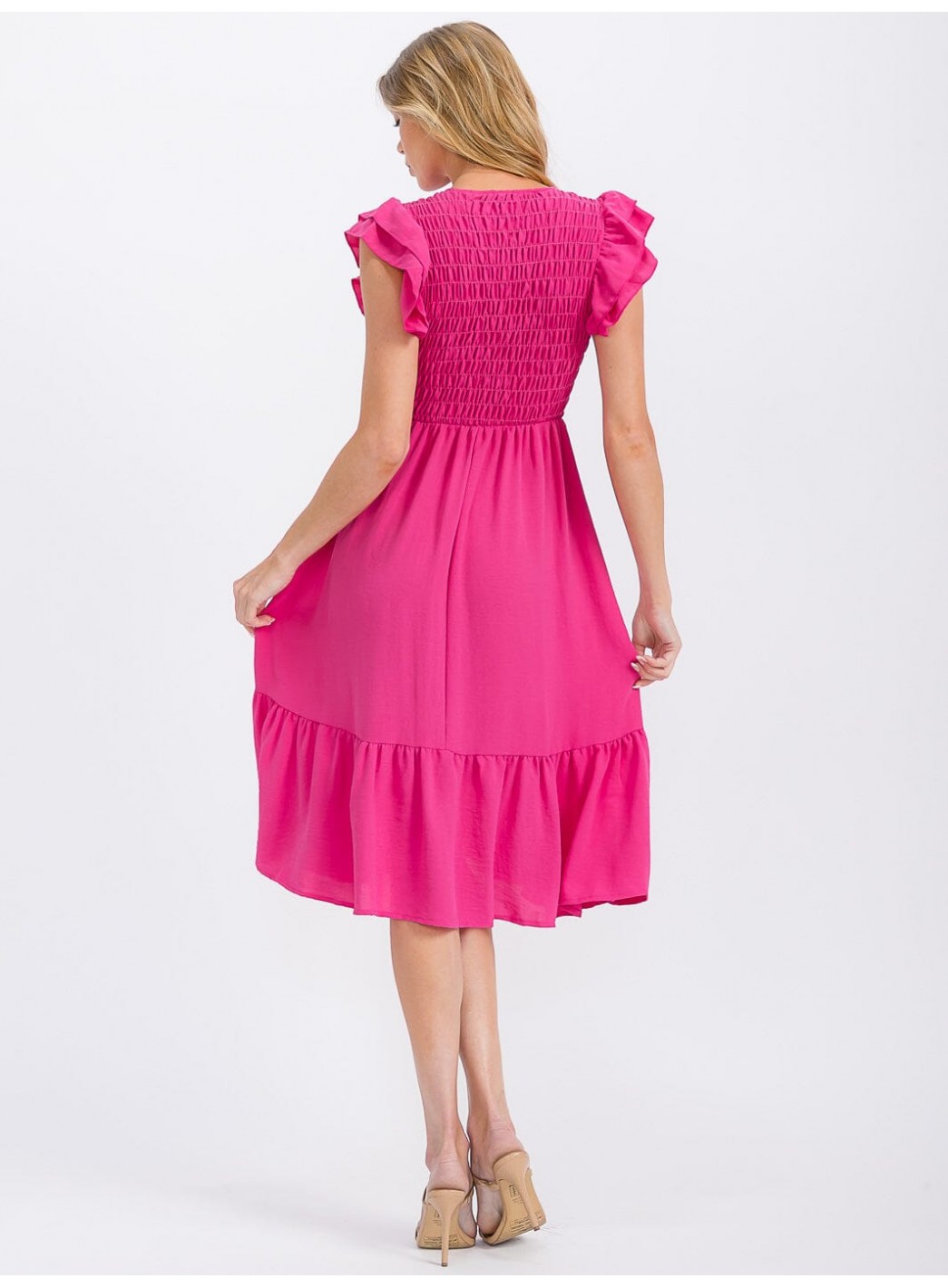 WOMEN'S RUFFLE SLEEVE FRONT POCKETS SMOCK RUFFLE BOTTOM HEM MIDI DRESS