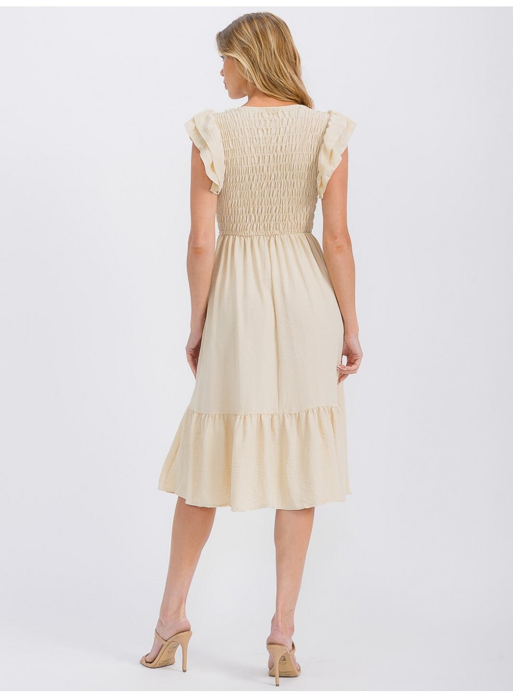 WOMEN'S RUFFLE SLEEVE FRONT POCKETS SMOCK RUFFLE BOTTOM HEM MIDI DRESS