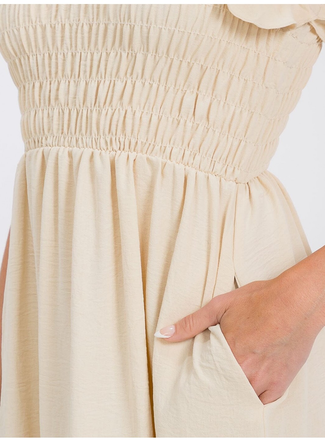 WOMEN'S RUFFLE SLEEVE FRONT POCKETS SMOCK RUFFLE BOTTOM HEM MIDI DRESS