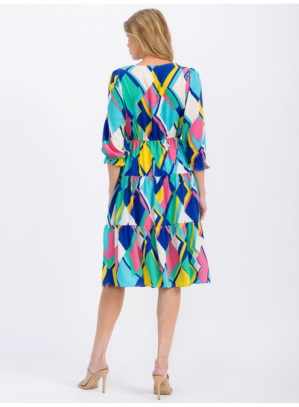 WOMEN'S 3/4 SLEEVE V-NECK ELASTIC WAIST MULTI PRINT MIDI DRESS WOMEN'S 3/4 SLEEVE V-NECK ELASTIC WAIST MULTI PRINT MIDI DRESS