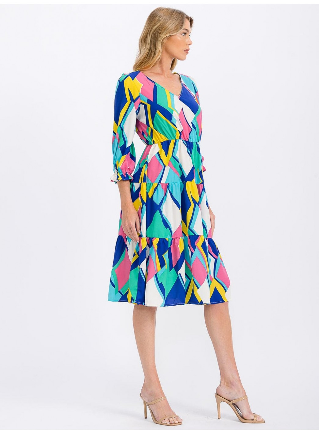 WOMEN'S 3/4 SLEEVE V-NECK ELASTIC WAIST MULTI PRINT MIDI DRESS WOMEN'S 3/4 SLEEVE V-NECK ELASTIC WAIST MULTI PRINT MIDI DRESS