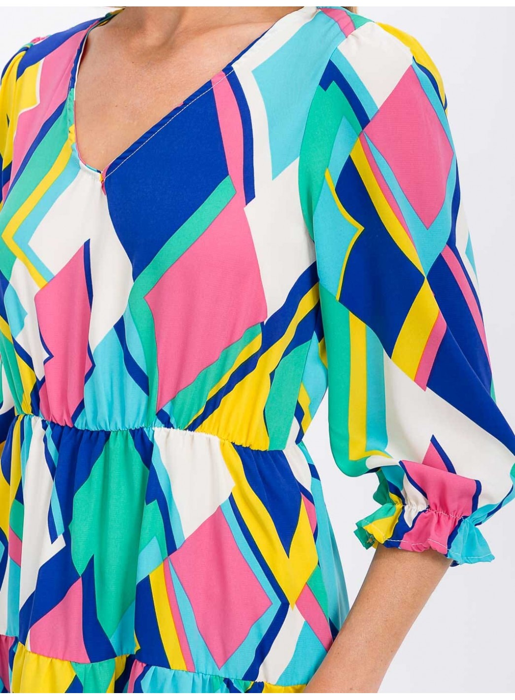 WOMEN'S 3/4 SLEEVE V-NECK ELASTIC WAIST MULTI PRINT MIDI DRESS WOMEN'S 3/4 SLEEVE V-NECK ELASTIC WAIST MULTI PRINT MIDI DRESS