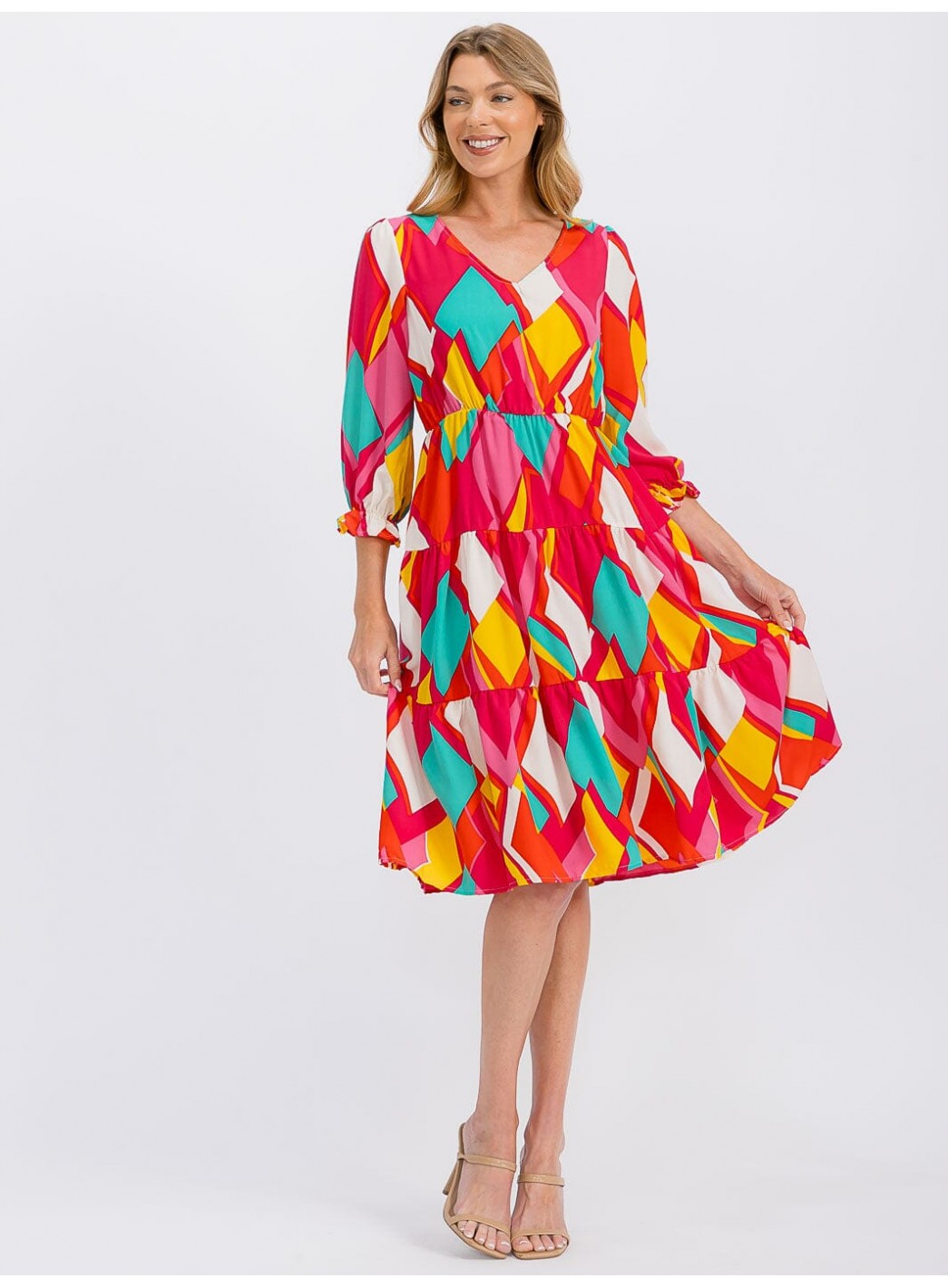 WOMEN'S 3/4 SLEEVE V-NECK ELASTIC WAIST MULTI PRINT MIDI DRESS WOMEN'S 3/4 SLEEVE V-NECK ELASTIC WAIST MULTI PRINT MIDI DRESS