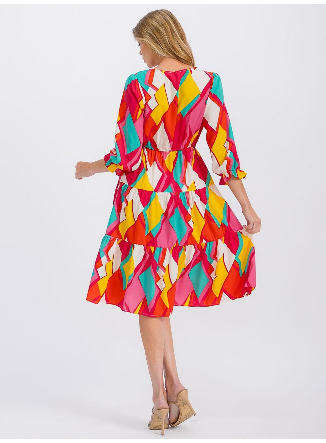 WOMEN'S 3/4 SLEEVE V-NECK ELASTIC WAIST MULTI PRINT MIDI DRESS WOMEN'S 3/4 SLEEVE V-NECK ELASTIC WAIST MULTI PRINT MIDI DRESS