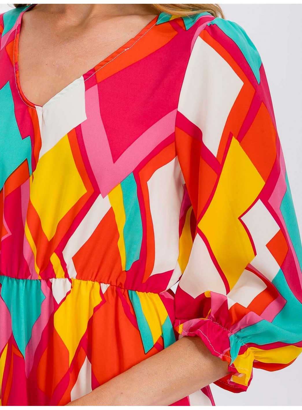 WOMEN'S 3/4 SLEEVE V-NECK ELASTIC WAIST MULTI PRINT MIDI DRESS WOMEN'S 3/4 SLEEVE V-NECK ELASTIC WAIST MULTI PRINT MIDI DRESS