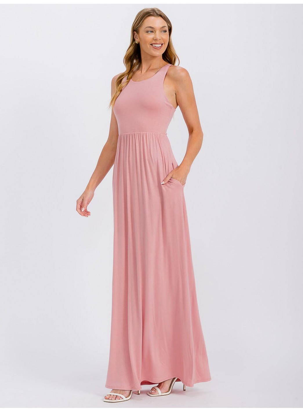 WOMEN'S SLEEVELESS ELASTIC WAIST FRONT POCKETS MAXI DRESS WOMEN'S SLEEVELESS ELASTIC WAIST FRONT POCKETS MAXI DRESS