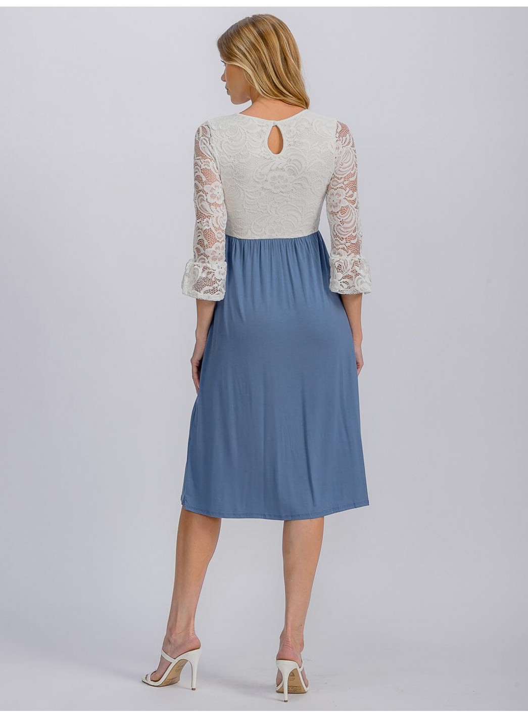 WOMEN'S 3/4 SLEEVE FRONT POCKET LACE CONTRAST DETAILED MIDI DRESS WOMEN'S 3/4 SLEEVE FRONT POCKET LACE CONTRAST DETAILED MIDI DRESS