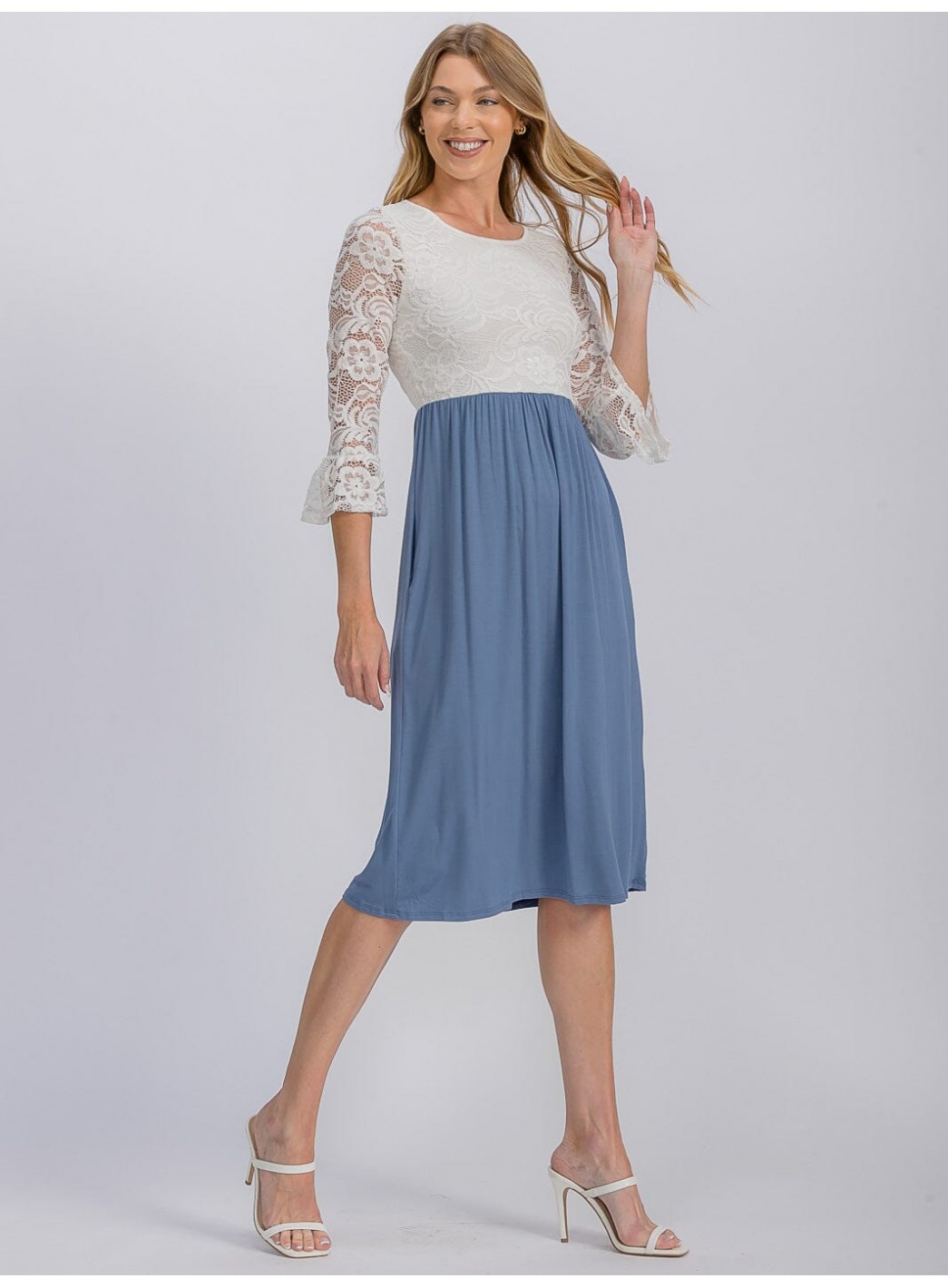 WOMEN'S 3/4 SLEEVE FRONT POCKET LACE CONTRAST DETAILED MIDI DRESS WOMEN'S 3/4 SLEEVE FRONT POCKET LACE CONTRAST DETAILED MIDI DRESS