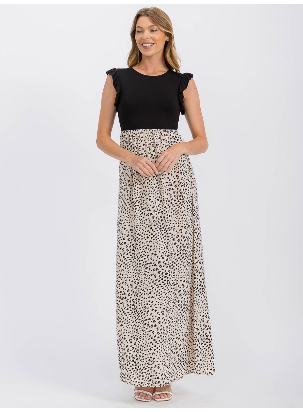 WOMEN'S SLEEVELESS ELASTIC WAIST RUFFLE ANIMAL PRINT CONTRAST MAXI DRESS WOMEN'S SLEEVELESS ELASTIC WAIST RUFFLE ANIMAL PRINT CONTRAST MAXI DRESS