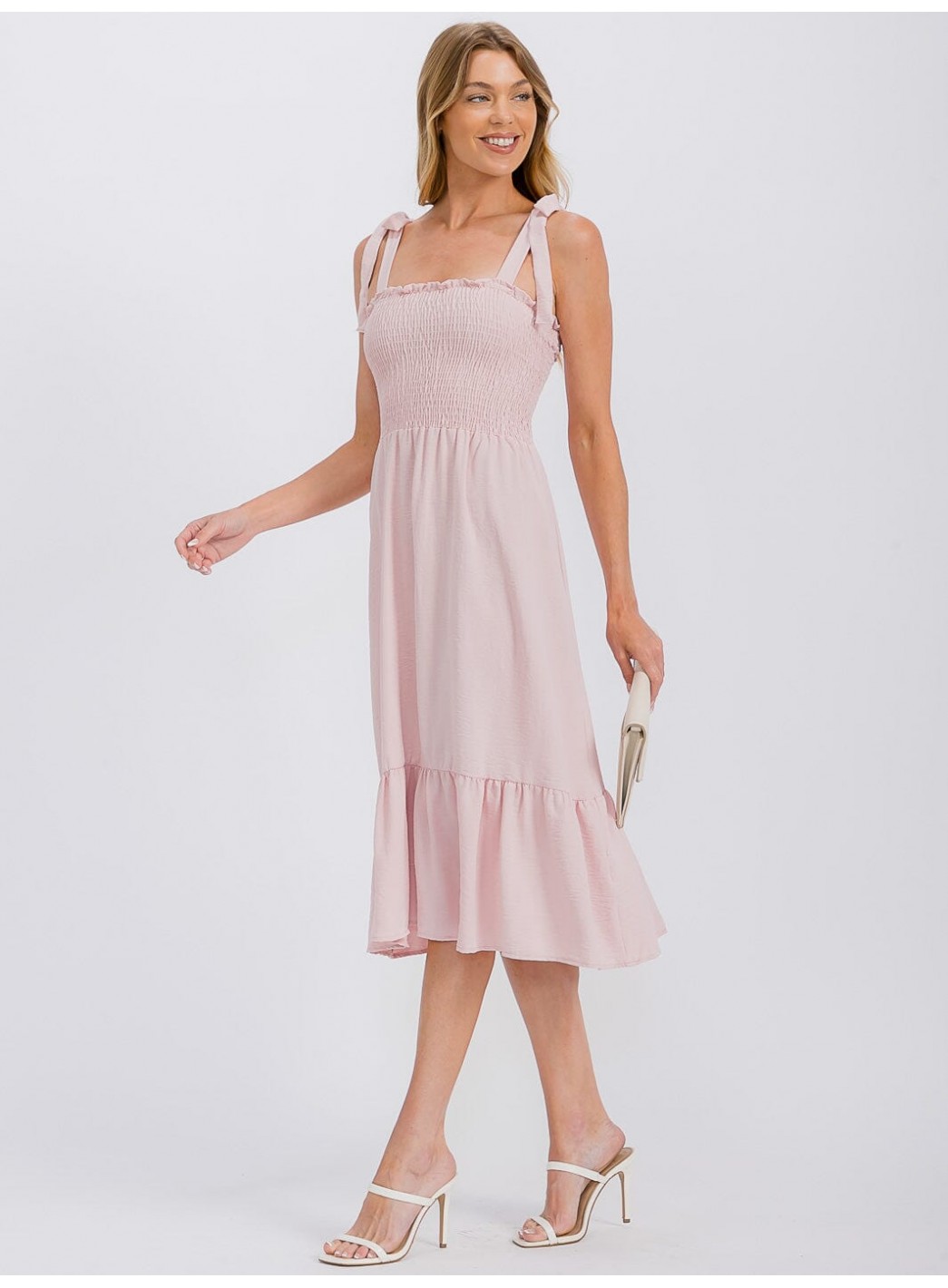 WOMEN'S SLEEVELESS ADJUSTABLE STRAPS SMOCK RUFFLE BOTTOM HEM MIDI DRESS WOMEN'S SLEEVELESS ADJUSTABLE STRAPS SMOCK RUFFLE BOTTOM HEM MIDI DRESS