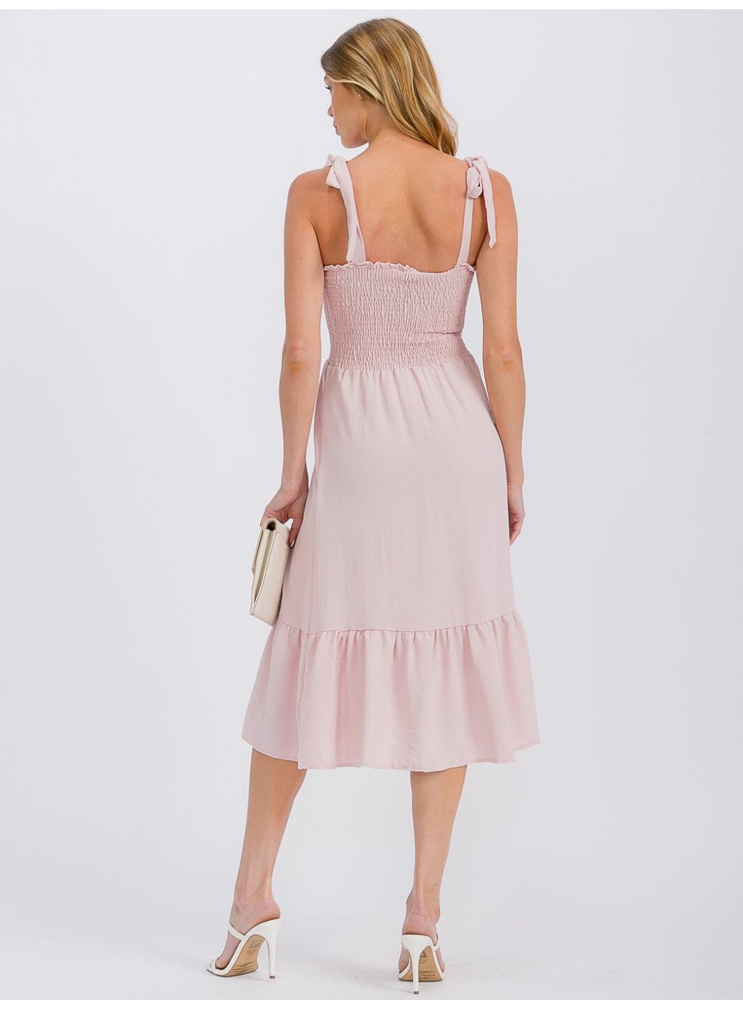 WOMEN'S SLEEVELESS ADJUSTABLE STRAPS SMOCK RUFFLE BOTTOM HEM MIDI DRESS WOMEN'S SLEEVELESS ADJUSTABLE STRAPS SMOCK RUFFLE BOTTOM HEM MIDI DRESS