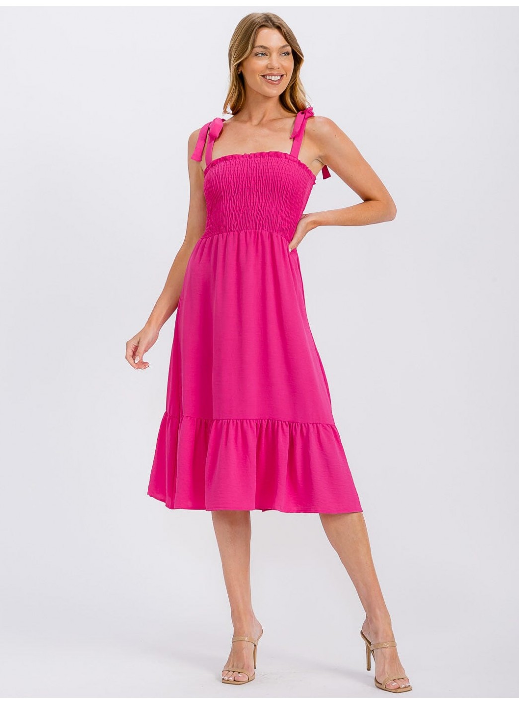 WOMEN'S SLEEVELESS ADJUSTABLE STRAPS SMOCK RUFFLE BOTTOM HEM MIDI DRESS WOMEN'S SLEEVELESS ADJUSTABLE STRAPS SMOCK RUFFLE BOTTOM HEM MIDI DRESS