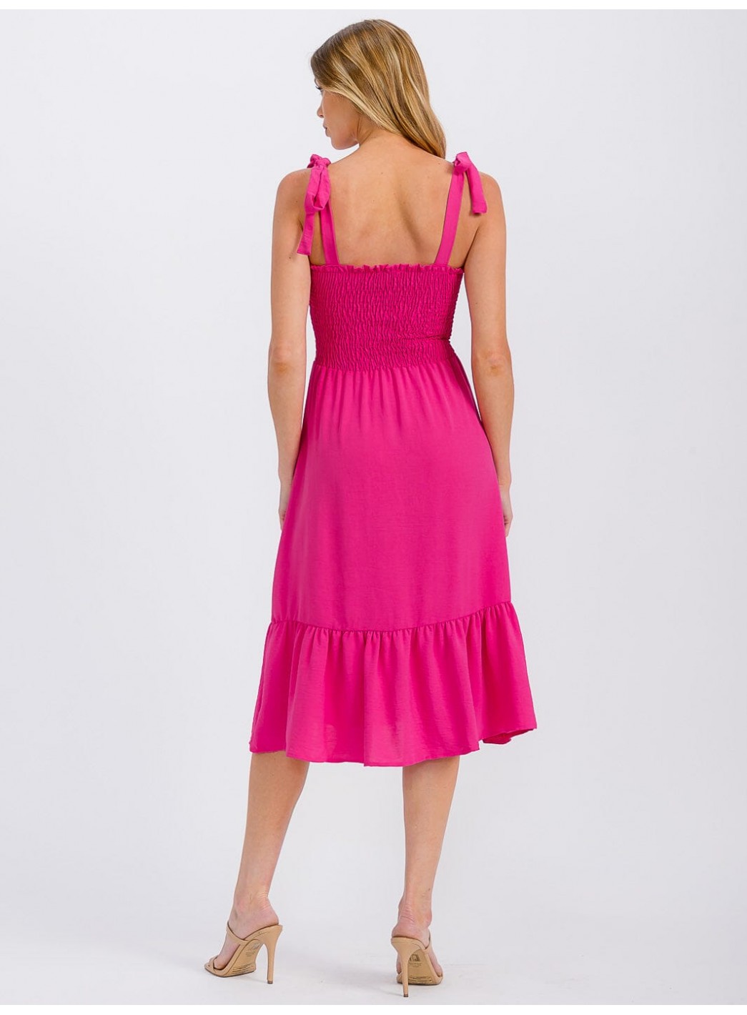 WOMEN'S SLEEVELESS ADJUSTABLE STRAPS SMOCK RUFFLE BOTTOM HEM MIDI DRESS WOMEN'S SLEEVELESS ADJUSTABLE STRAPS SMOCK RUFFLE BOTTOM HEM MIDI DRESS