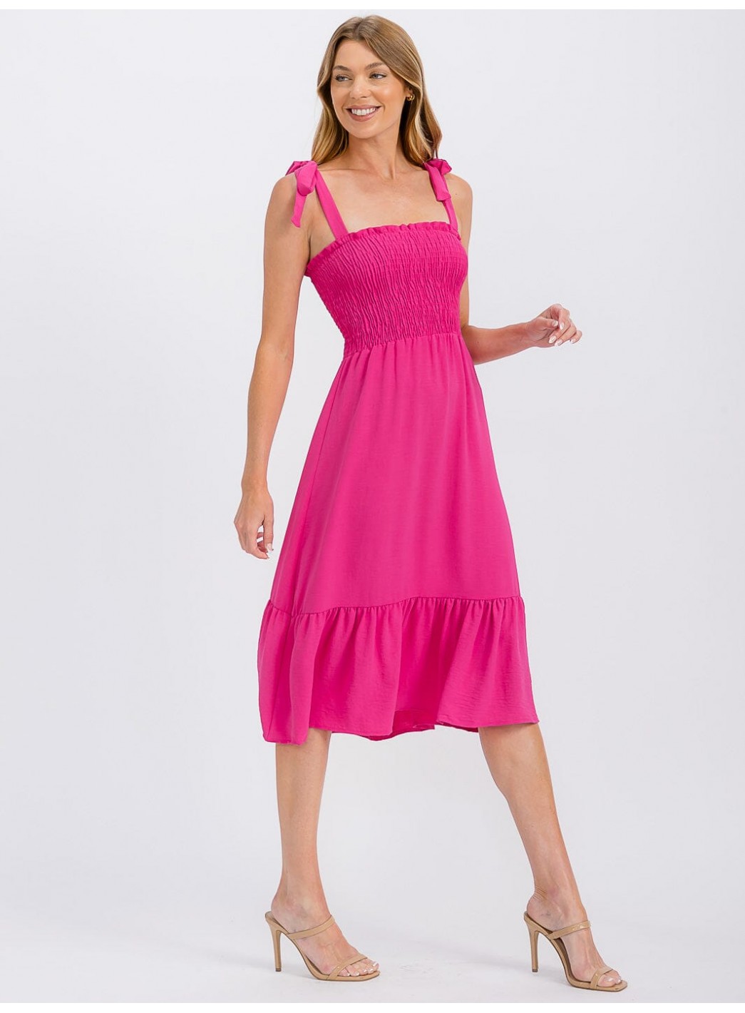 WOMEN'S SLEEVELESS ADJUSTABLE STRAPS SMOCK RUFFLE BOTTOM HEM MIDI DRESS WOMEN'S SLEEVELESS ADJUSTABLE STRAPS SMOCK RUFFLE BOTTOM HEM MIDI DRESS