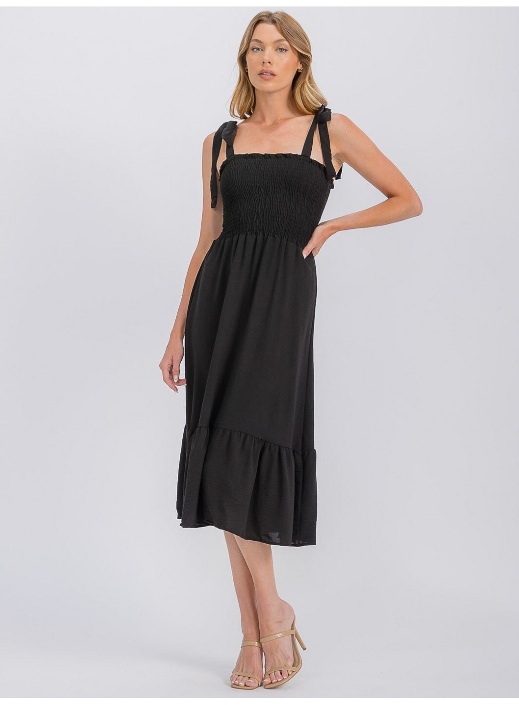 WOMEN'S SLEEVELESS ADJUSTABLE STRAPS SMOCK RUFFLE BOTTOM HEM MIDI DRESS WOMEN'S SLEEVELESS ADJUSTABLE STRAPS SMOCK RUFFLE BOTTOM HEM MIDI DRESS