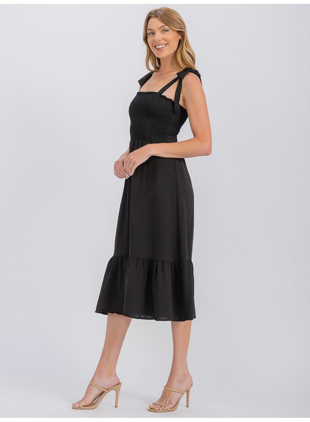 WOMEN'S SLEEVELESS ADJUSTABLE STRAPS SMOCK RUFFLE BOTTOM HEM MIDI DRESS WOMEN'S SLEEVELESS ADJUSTABLE STRAPS SMOCK RUFFLE BOTTOM HEM MIDI DRESS