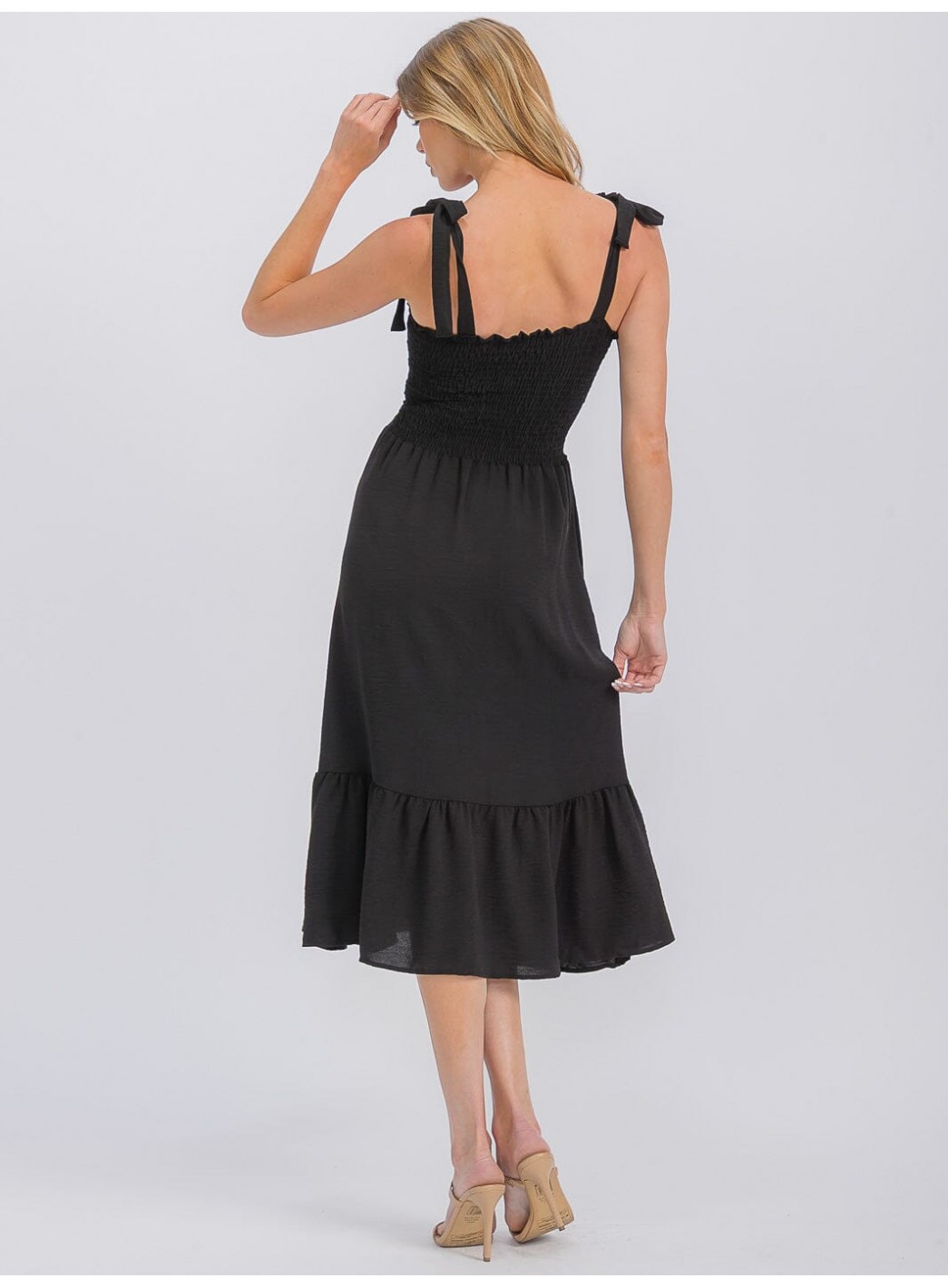 WOMEN'S SLEEVELESS ADJUSTABLE STRAPS SMOCK RUFFLE BOTTOM HEM MIDI DRESS WOMEN'S SLEEVELESS ADJUSTABLE STRAPS SMOCK RUFFLE BOTTOM HEM MIDI DRESS