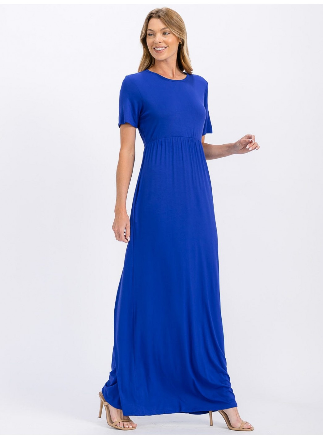 WOMEN'S SHORT SLEEVE ELASTIC WAIST FRONT POCKETS MAXI DRESS WOMEN'S SHORT SLEEVE ELASTIC WAIST FRONT POCKETS MAXI DRESS