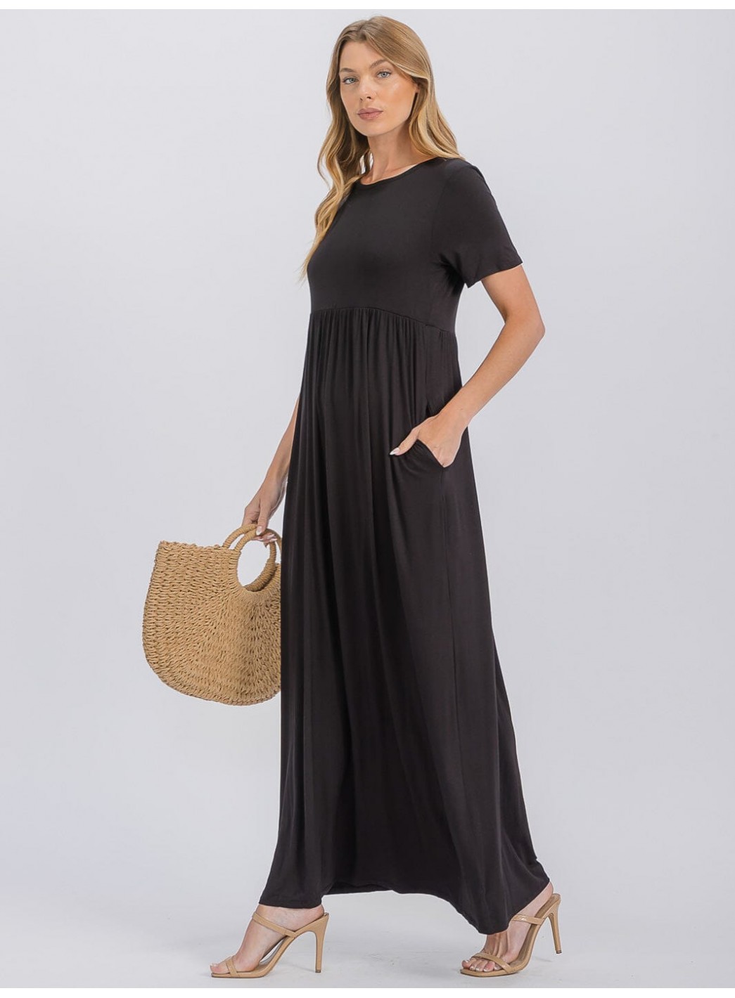 WOMEN'S SHORT SLEEVE ELASTIC WAIST FRONT POCKETS MAXI DRESS WOMEN'S SHORT SLEEVE ELASTIC WAIST FRONT POCKETS MAXI DRESS