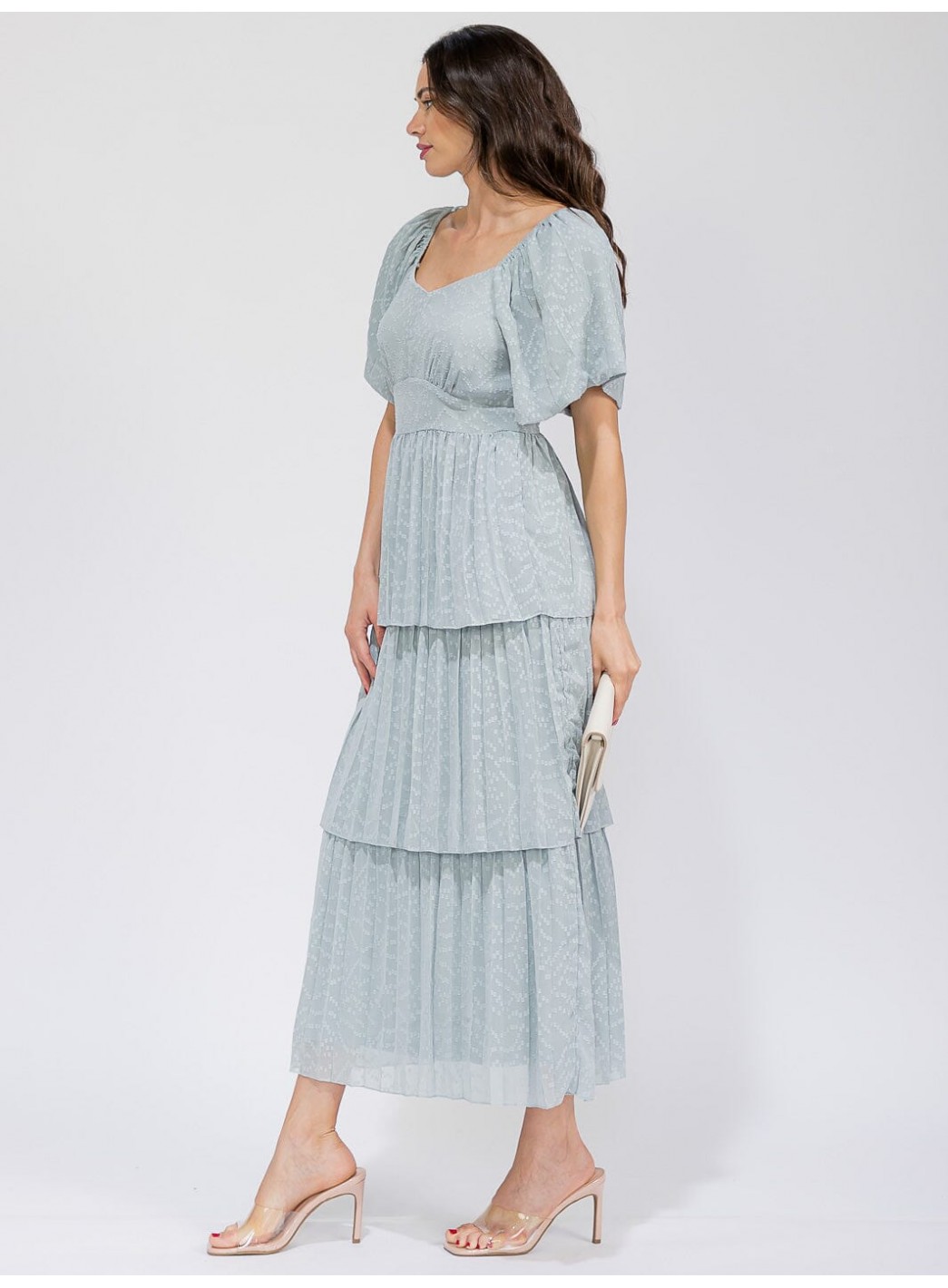 WOMEN'S SHORT SLEEVE V-NECK SWISS RUFFLE TIERED MAXI DRESS WOMEN'S SHORT SLEEVE V-NECK SWISS RUFFLE TIERED MAXI DRESS