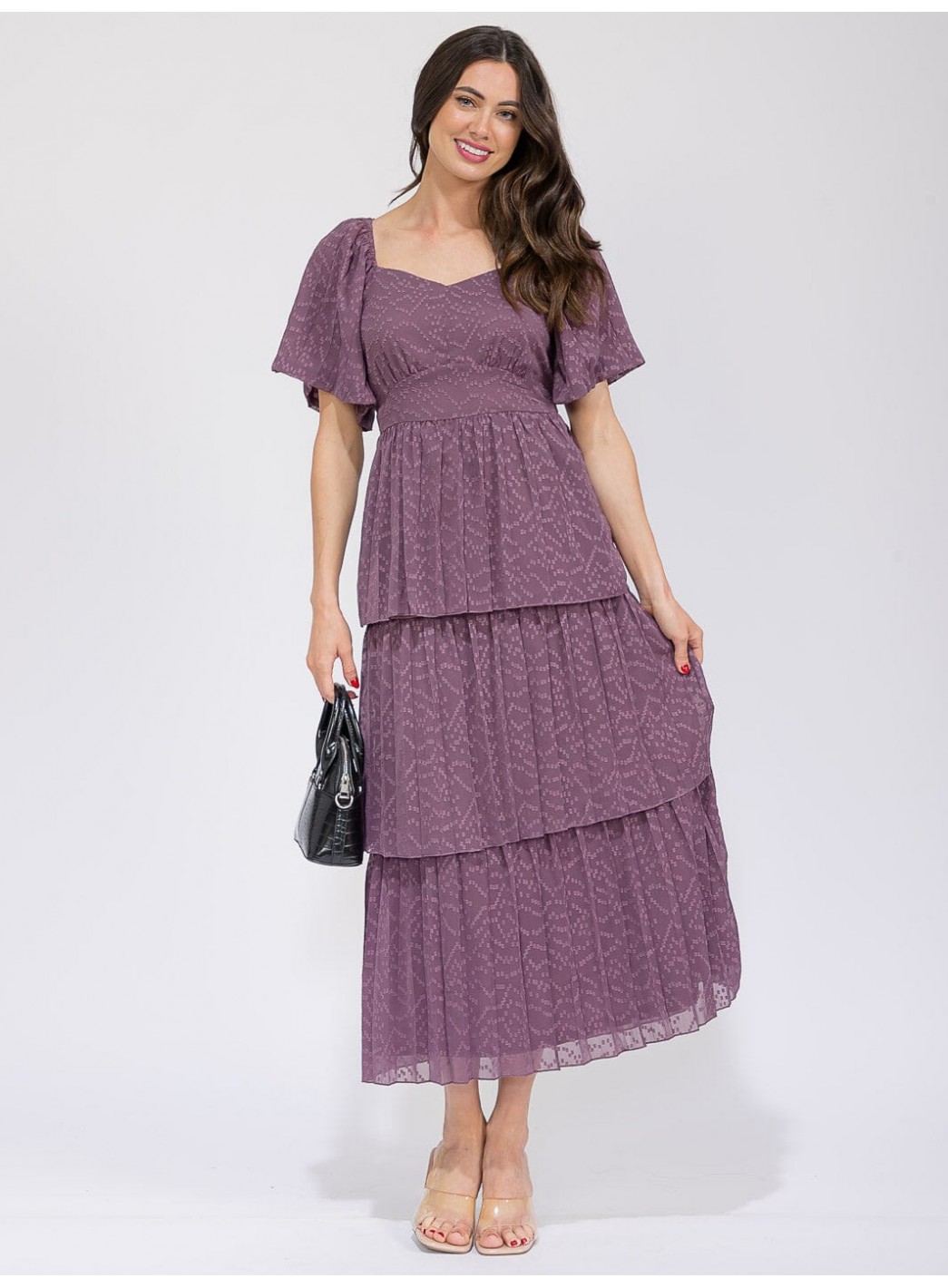 WOMEN'S SHORT SLEEVE V-NECK SWISS RUFFLE TIERED MAXI DRESS WOMEN'S SHORT SLEEVE V-NECK SWISS RUFFLE TIERED MAXI DRESS