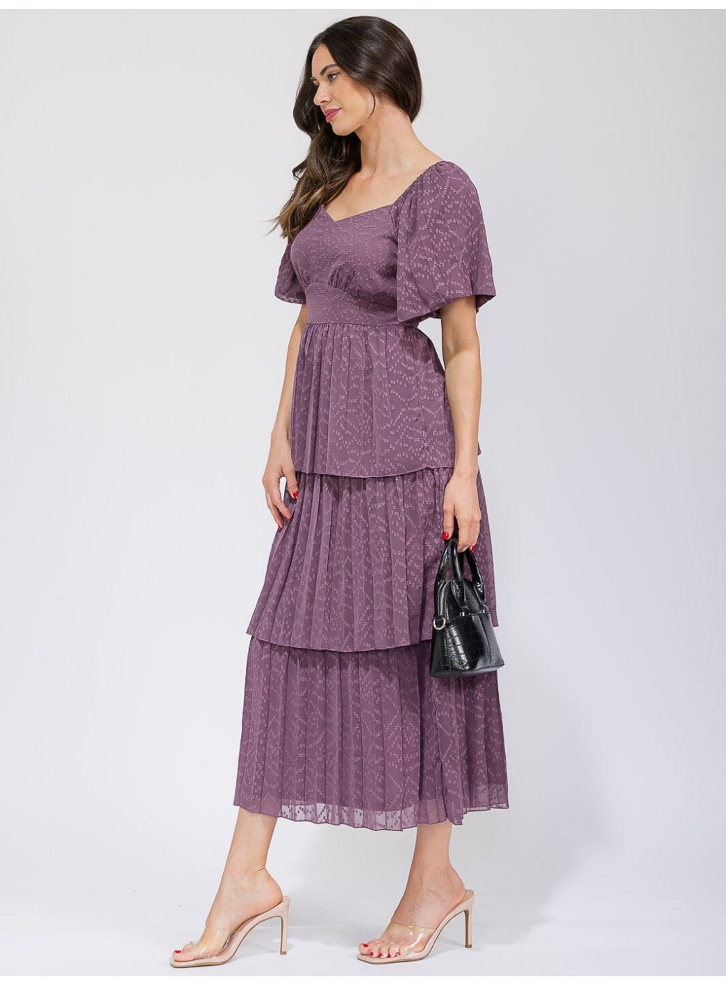 WOMEN'S SHORT SLEEVE V-NECK SWISS RUFFLE TIERED MAXI DRESS WOMEN'S SHORT SLEEVE V-NECK SWISS RUFFLE TIERED MAXI DRESS