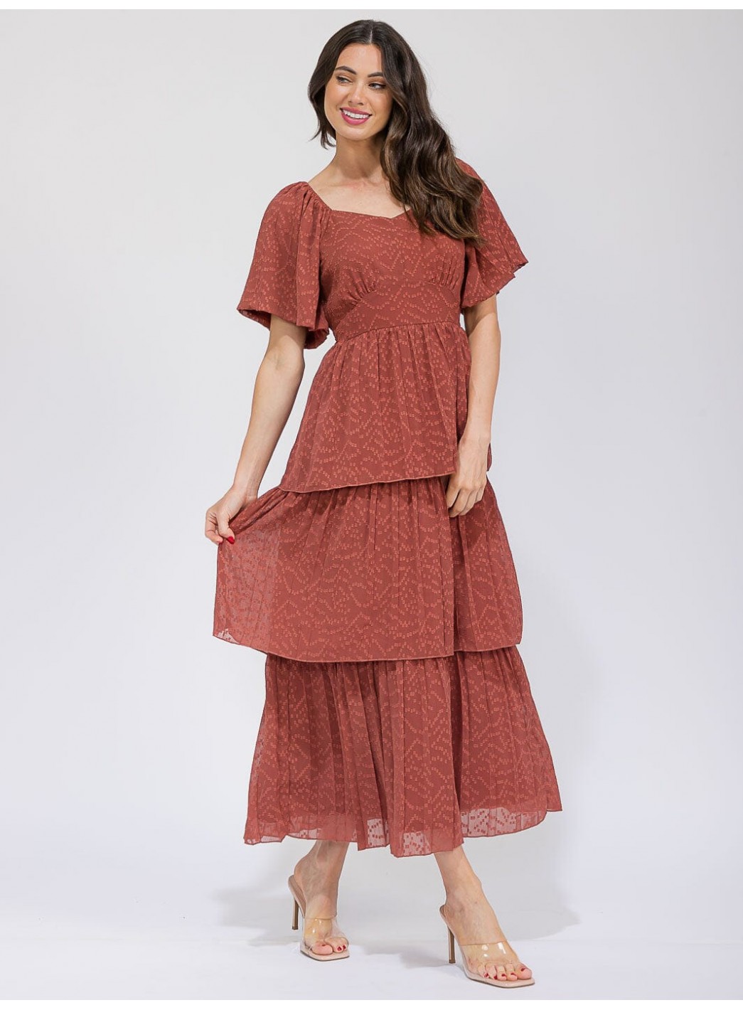 WOMEN'S SHORT SLEEVE V-NECK SWISS RUFFLE TIERED MAXI DRESS WOMEN'S SHORT SLEEVE V-NECK SWISS RUFFLE TIERED MAXI DRESS