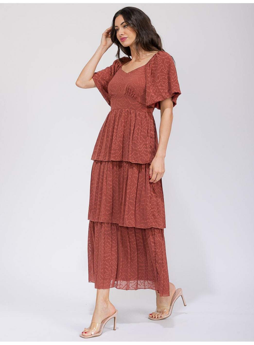 WOMEN'S SHORT SLEEVE V-NECK SWISS RUFFLE TIERED MAXI DRESS WOMEN'S SHORT SLEEVE V-NECK SWISS RUFFLE TIERED MAXI DRESS