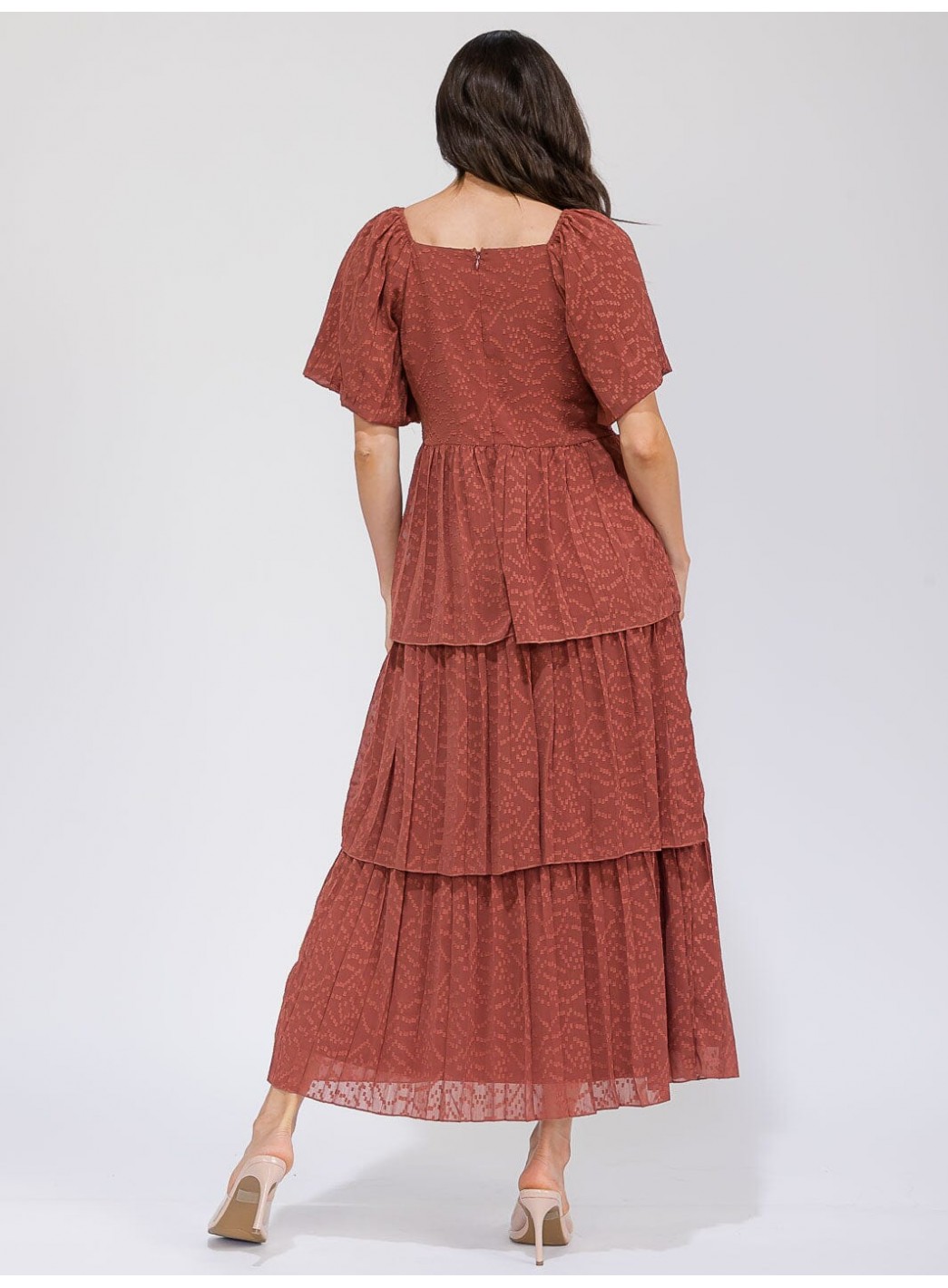 WOMEN'S SHORT SLEEVE V-NECK SWISS RUFFLE TIERED MAXI DRESS WOMEN'S SHORT SLEEVE V-NECK SWISS RUFFLE TIERED MAXI DRESS