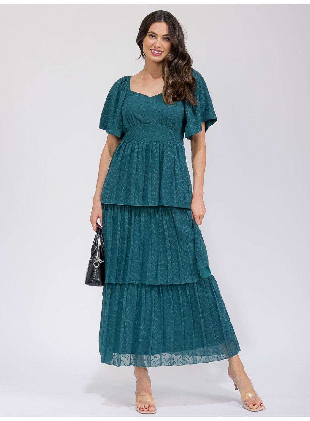 WOMEN'S SHORT SLEEVE V-NECK SWISS RUFFLE TIERED MAXI DRESS WOMEN'S SHORT SLEEVE V-NECK SWISS RUFFLE TIERED MAXI DRESS