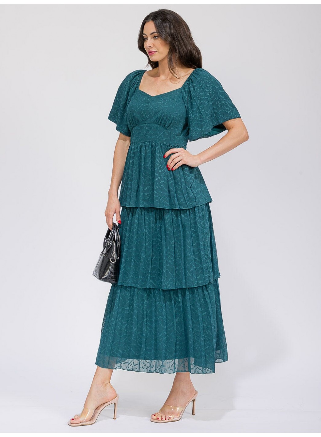 WOMEN'S SHORT SLEEVE V-NECK SWISS RUFFLE TIERED MAXI DRESS WOMEN'S SHORT SLEEVE V-NECK SWISS RUFFLE TIERED MAXI DRESS