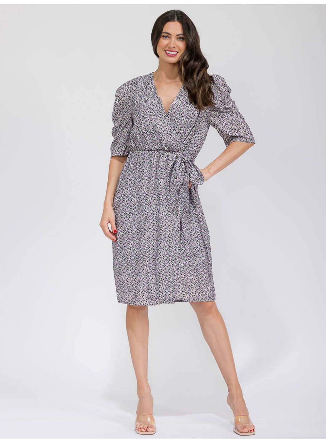 WOMEN'S SHORT SLEEVE SURPLICE SELF TIE FLORAL MIDI DRESS WOMEN'S SHORT SLEEVE SURPLICE SELF TIE FLORAL MIDI DRESS