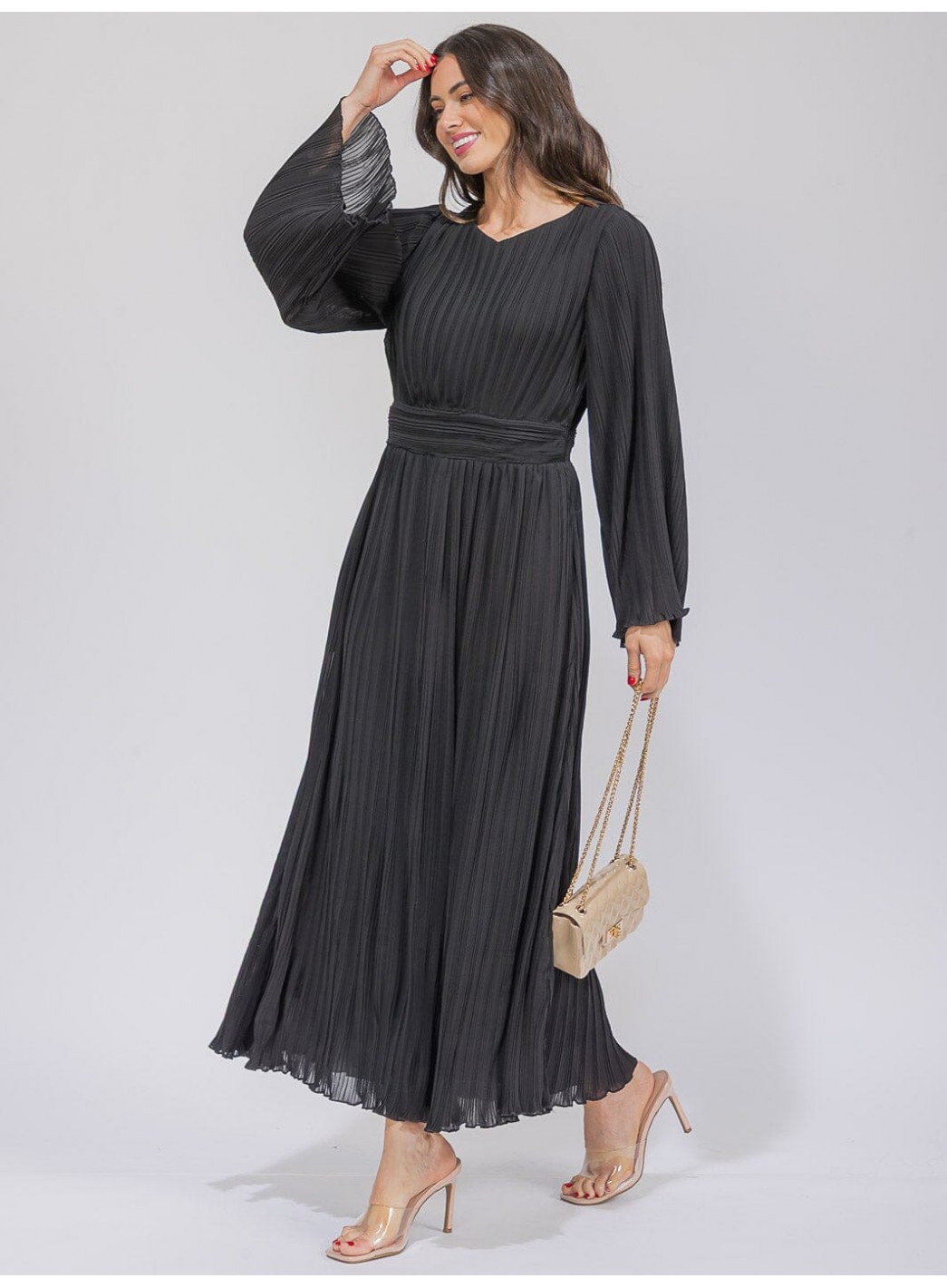 WOMEN'S LONG BELL SLEEVE V-NECK PLEATED MAXI DRESS WOMEN'S LONG BELL SLEEVE V-NECK PLEATED MAXI DRESS