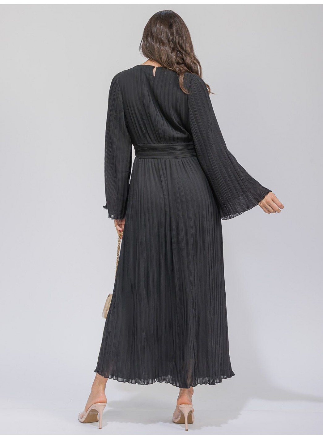 WOMEN'S LONG BELL SLEEVE V-NECK PLEATED MAXI DRESS WOMEN'S LONG BELL SLEEVE V-NECK PLEATED MAXI DRESS