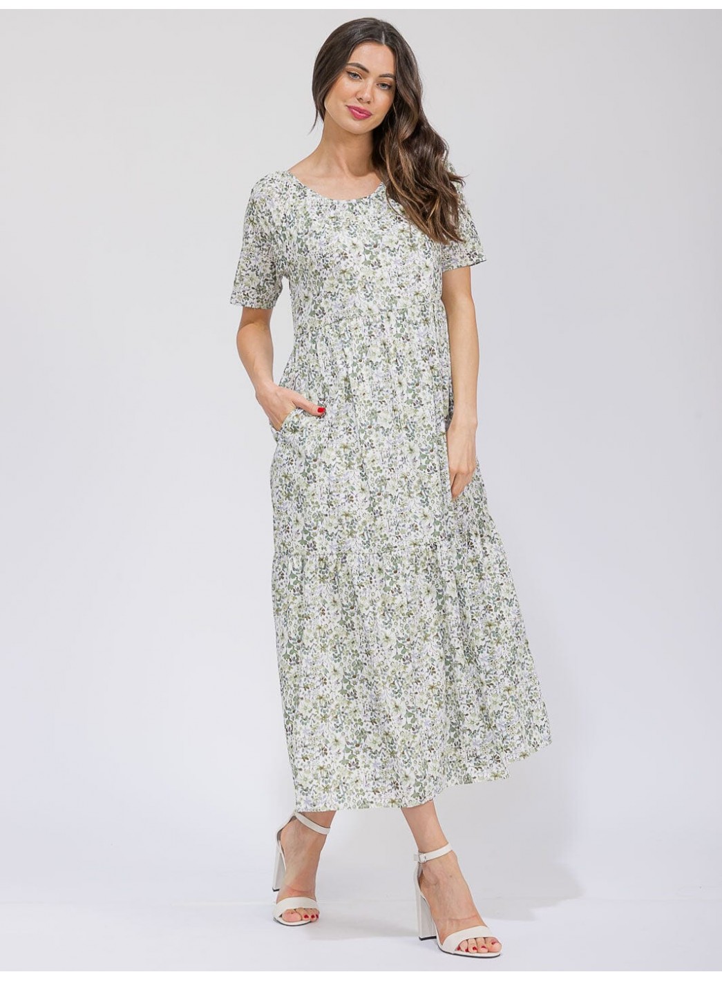 WOMEN'S SHORT SLEEVE V-NECK POCKETS TIERED FLORAL MAXI DRESS WOMEN'S SHORT SLEEVE V-NECK POCKETS TIERED FLORAL MAXI DRESS