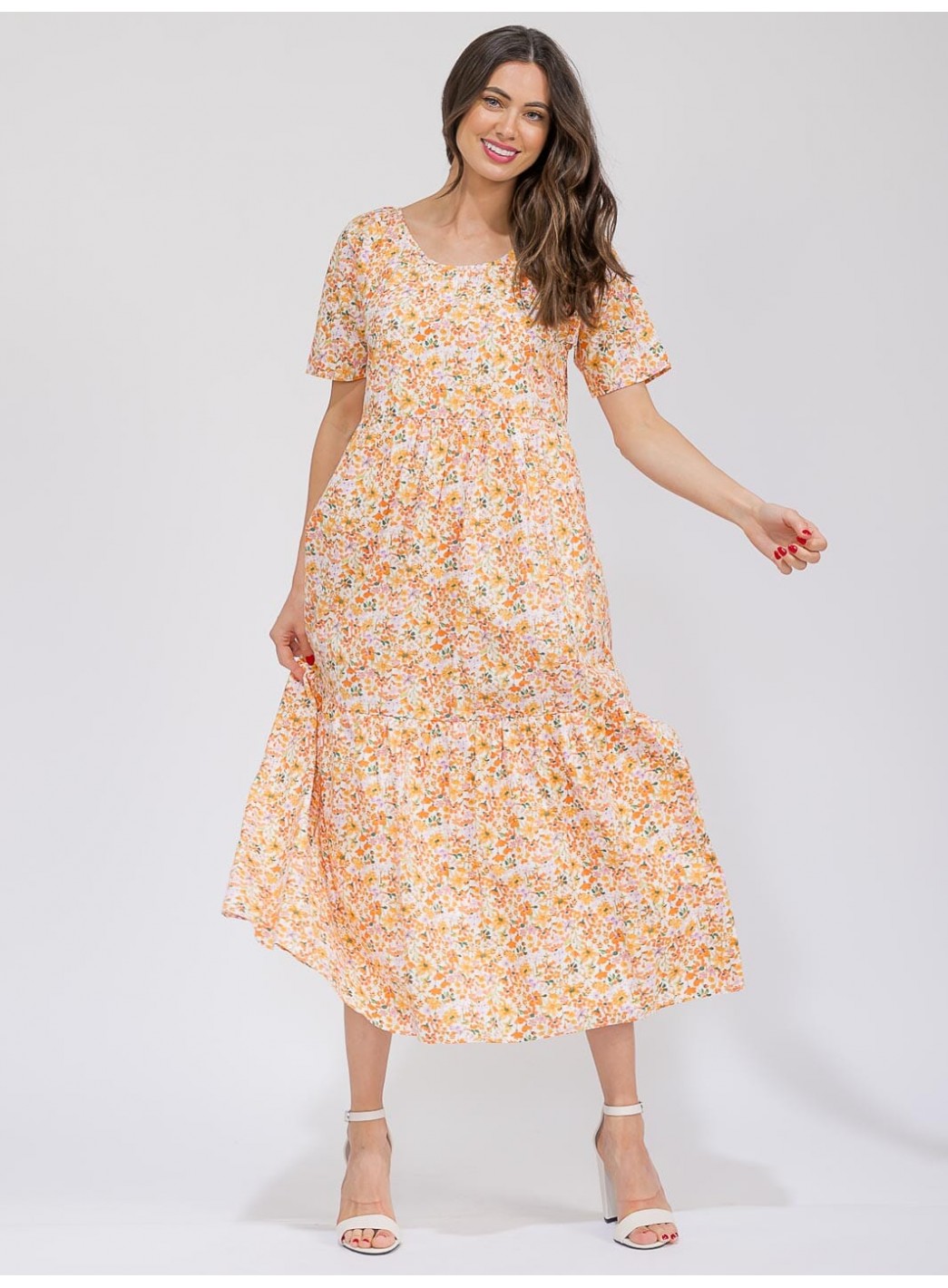 WOMEN'S SHORT SLEEVE V-NECK POCKETS TIERED FLORAL MAXI DRESS WOMEN'S SHORT SLEEVE V-NECK POCKETS TIERED FLORAL MAXI DRESS