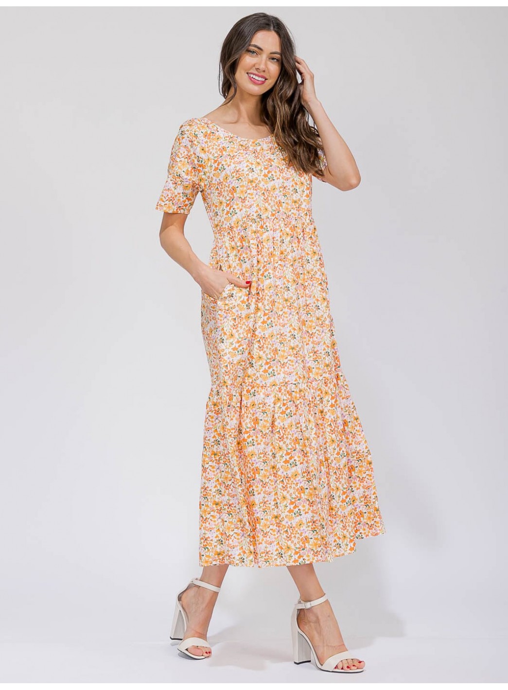 WOMEN'S SHORT SLEEVE V-NECK POCKETS TIERED FLORAL MAXI DRESS WOMEN'S SHORT SLEEVE V-NECK POCKETS TIERED FLORAL MAXI DRESS