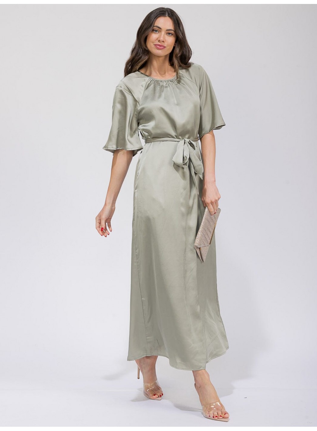 WOMEN'S SHORT SLEEVE POCKETS SEKF TIE SATIN MAXI DRESS WOMEN'S SHORT SLEEVE POCKETS SEKF TIE SATIN MAXI DRESS